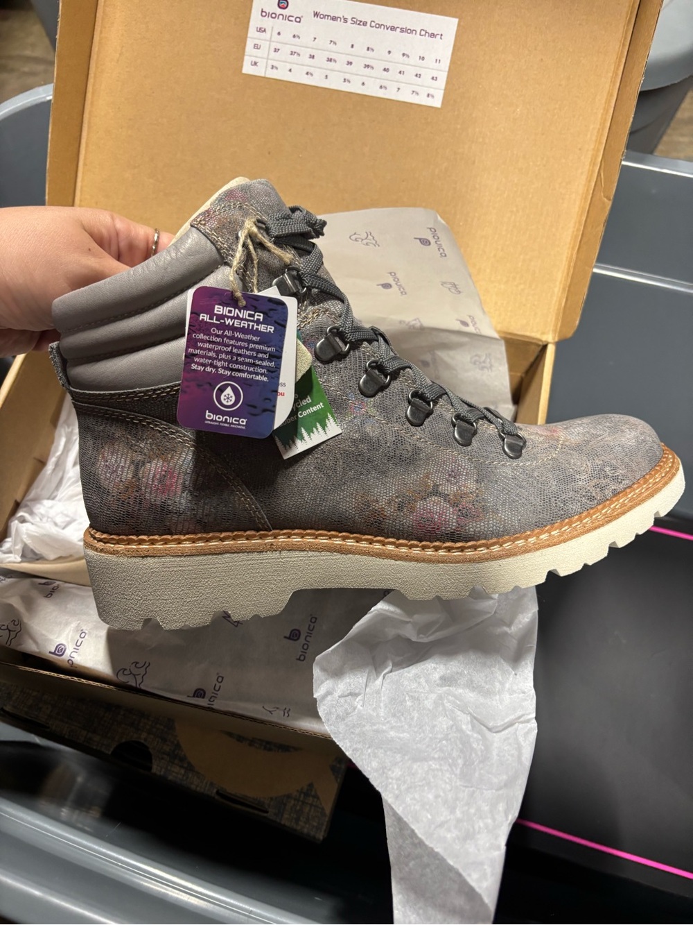 Bionica Gray Floral Lace-Up All-Weather Ankle Boot